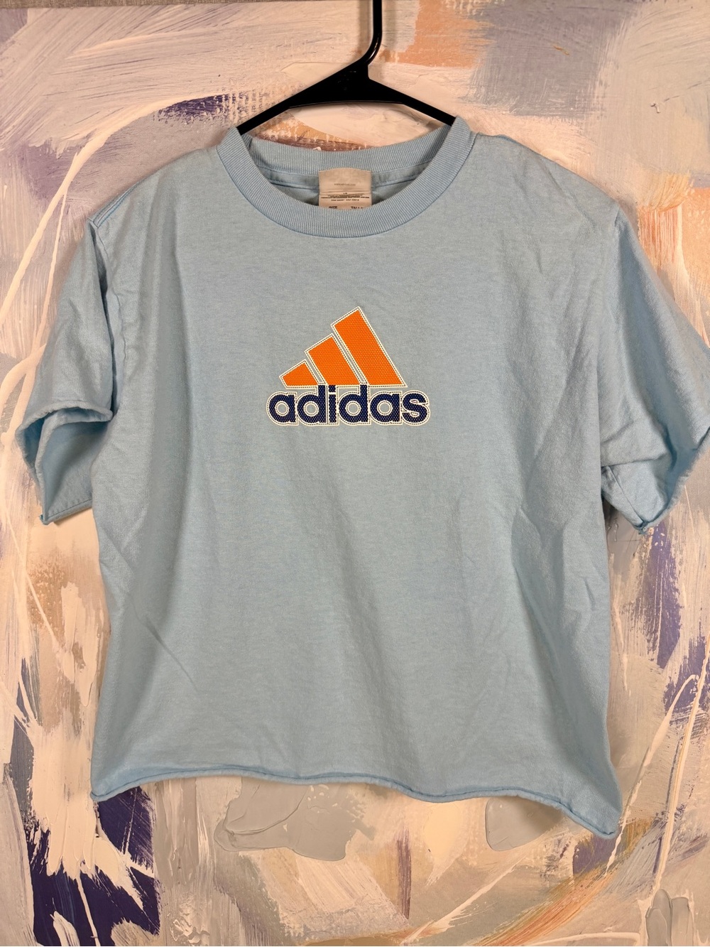 adidas Vintage Y2K Light Blue Logo Graphic T-Shirt XL Cut off raw hem